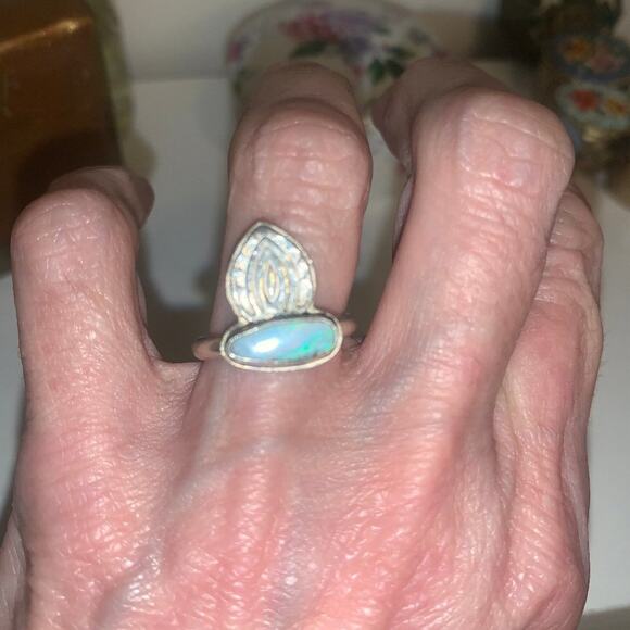 CUSTOM MADE AUSTRALIAN OPAL STERLING SILVER MEHNDI RING 5.75 BOHO - Picture 2 of 7